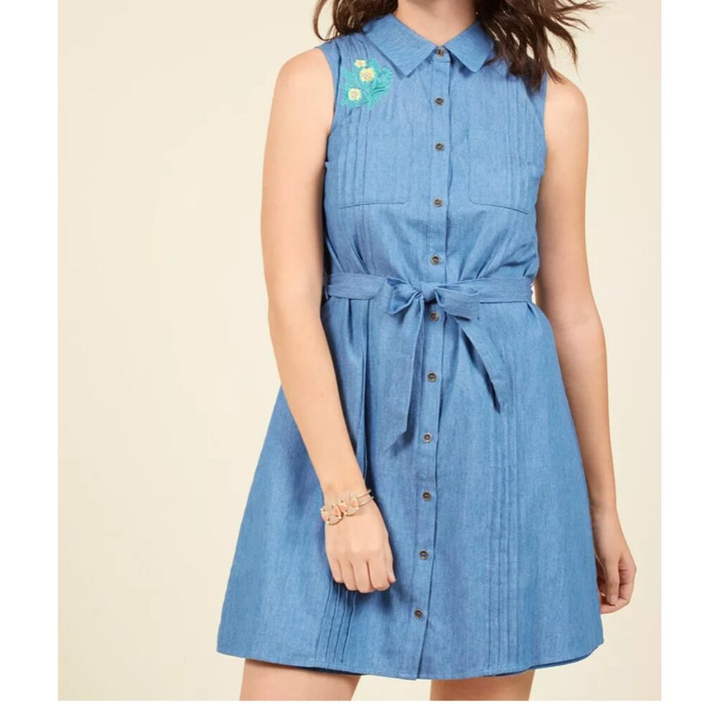 Modcloth Shared Vision Chambray Embroidered Shirt Dress Plus Size 1x